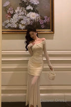 Modest Sheath Off The Shoulder Long Sleeves Beige Prom Dress