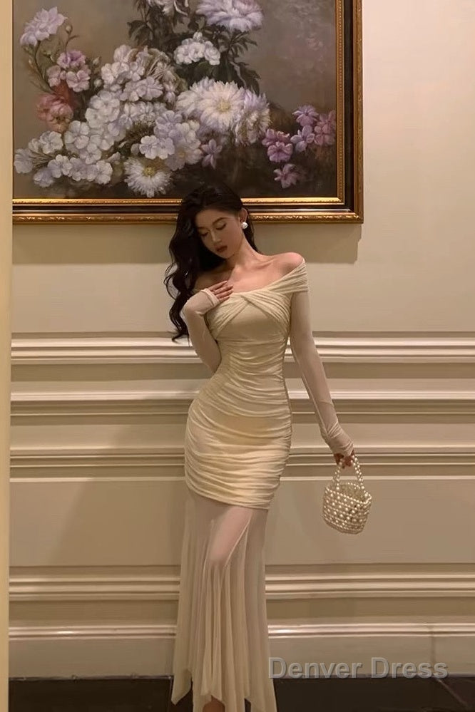 Modest Sheath Off The Shoulder Long Sleeves Beige Prom Dress