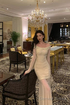 Modest Sheath Off The Shoulder Long Sleeves Beige Prom Dresses Evening Dress