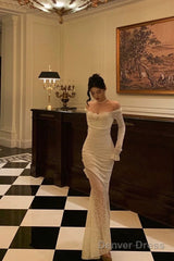 Modest Sheath Off The Shoulder Long Sleeves Lace Prom Dresses Evening Dress