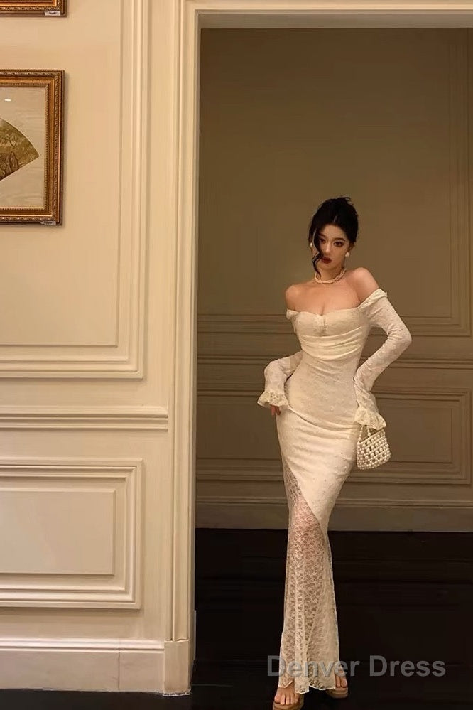 Modest Sheath Off The Shoulder Long Sleeves Lace Prom Dress