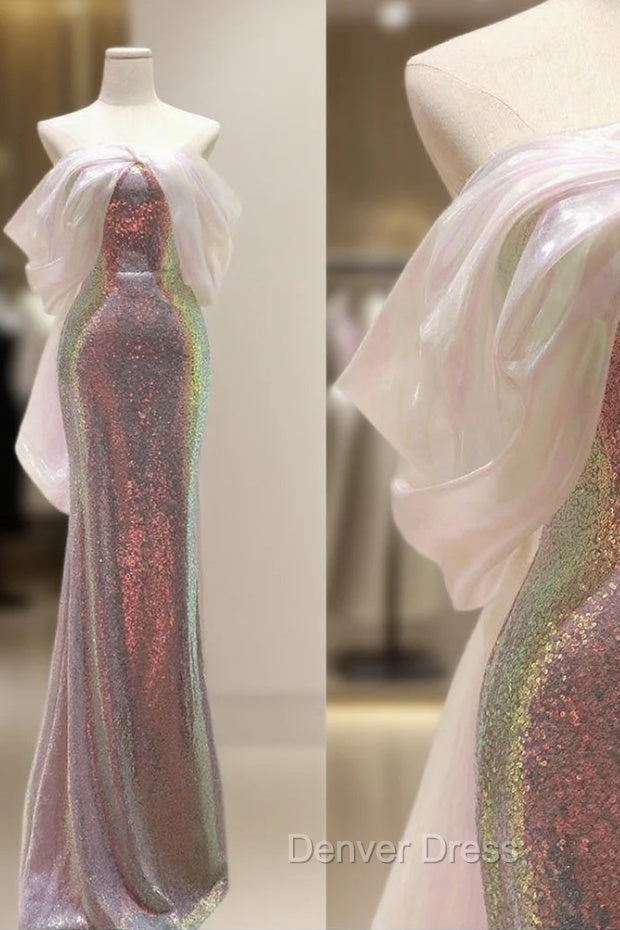 Modest Sheath Off The Shoulder Sequin Long Party Dresses Pink Prom Dresses Main image