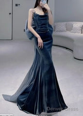 Modest Sheath Strapless Navy Blue Velvet Long Party Dress Prom Dress