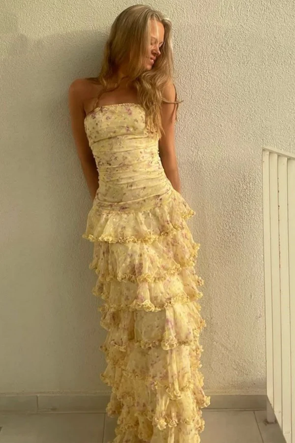 Modest Sheath Strapless Yellow Chiffon Floral Long Prom Dress Prom Dress 22Th Birthday Outfits Graduation Dresses