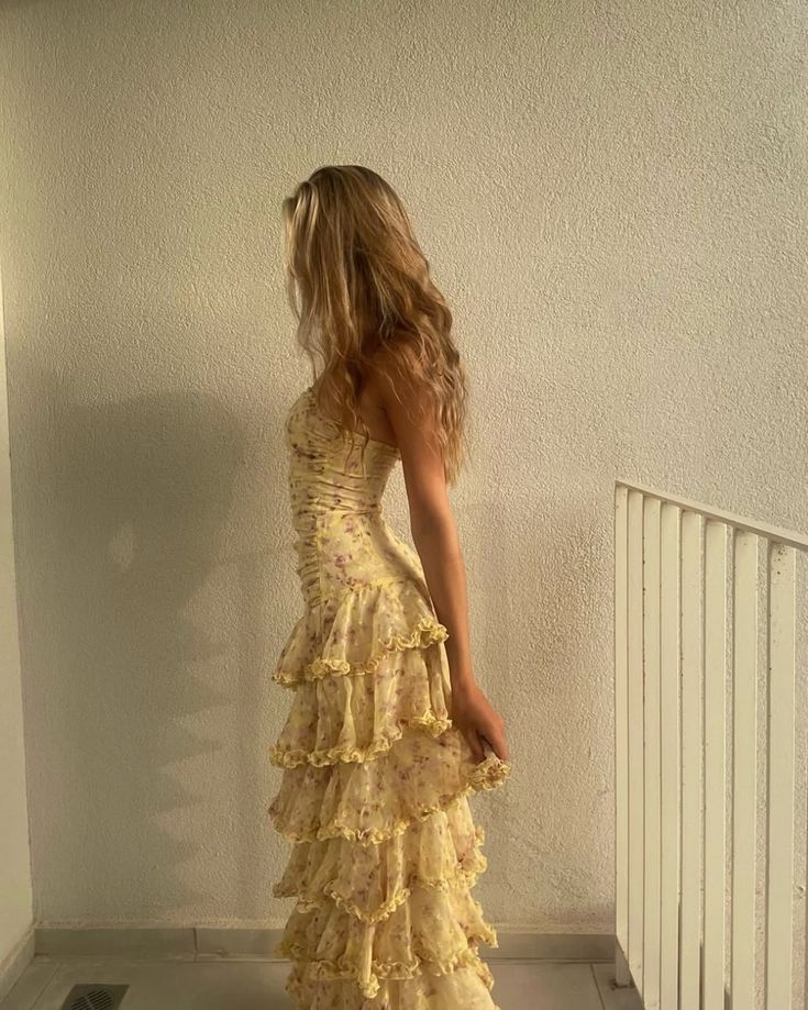 Modest Sheath Strapless Yellow Chiffon Floral Long Prom Dress Prom Dress 22Th Birthday Outfits Graduation Dresses Main image