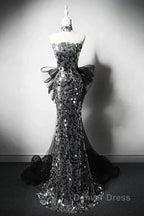Modest Silver Mermaid Strapless Sequin Tulle  Long Prom Dresses Formal Evening Dresses