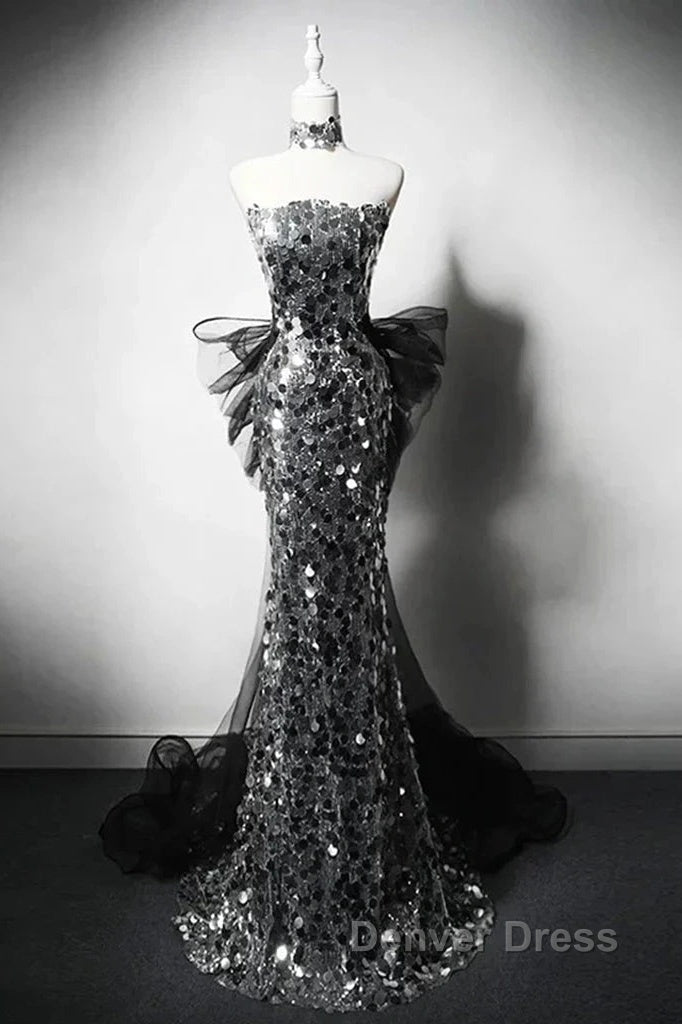 Modest Silver Mermaid Strapless Sequin Tulle  Long Prom Dresses Formal Evening Dresses