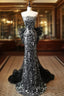 Modest Silver Mermaid Strapless Sequin Tulle  Long Prom Dresses Formal Evening Dresses