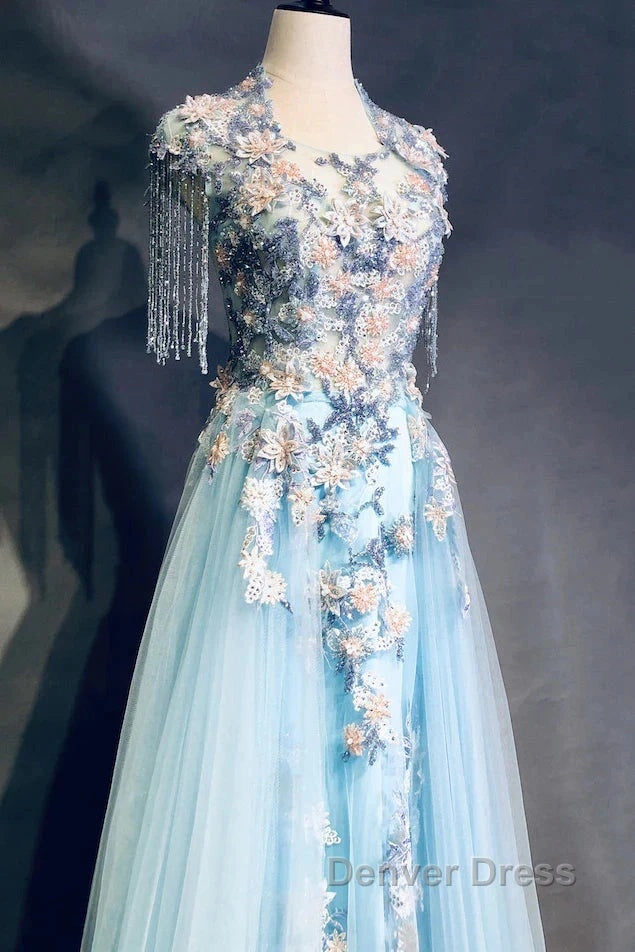 Modest Sky Blue A-Line Tulle Beading Embroidery Appliques Long Prom Dresses Pageant Gown