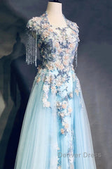 Modest Sky Blue A-Line Tulle Beading Embroidery Appliques Long Prom Dresses Pageant Gown