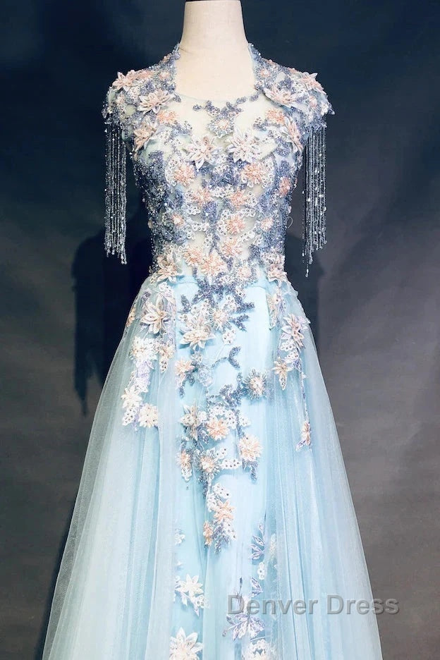 Modest Sky Blue A-Line Tulle Beading Embroidery Appliques Long Prom Dresses Pageant Gown