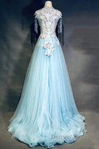 Modest Sky Blue A-Line Tulle Beading Embroidery Appliques Long Prom Dresses Pageant Gown