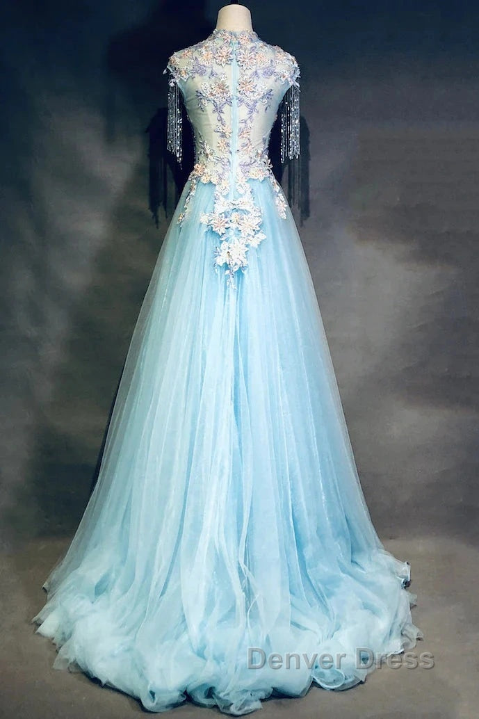 Modest Sky Blue A-Line Tulle Beading Embroidery Appliques Long Prom Dresses Pageant Gown