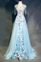 Modest Sky Blue A-Line Tulle Beading Embroidery Appliques Long Prom Dresses Pageant Gown