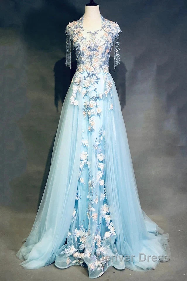 Modest Sky Blue A-Line Tulle Beading Embroidery Appliques Long Prom Dresses Pageant Gown