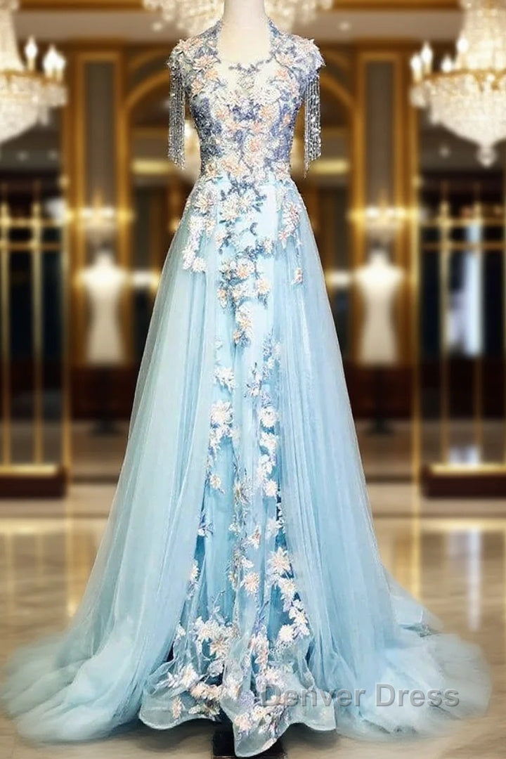 Modest Sky Blue A-Line Tulle Beading Embroidery Appliques Long Prom Dresses Pageant Gown Main image