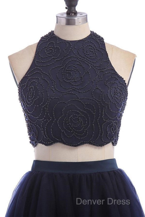 Modest Two Pieces Sleeveless Hollow Navy Blue Homecoming Dresses Secondary image