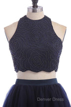 Modest Two Pieces Sleeveless Hollow Navy Blue Homecoming Dresses