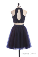 Modest Two Pieces Sleeveless Hollow Navy Blue Homecoming Dress