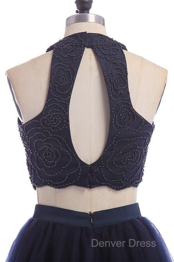 Modest Two Pieces Sleeveless Hollow Navy Blue Homecoming Dresses