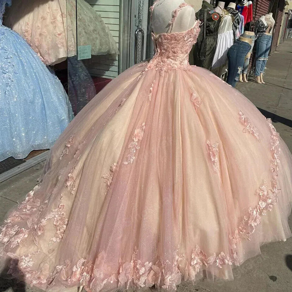 Pink/Purple/Green Sweet Lace Applique Long Tulle Quinceanera Dress Ball Gowns Prom Dresses Secondary image