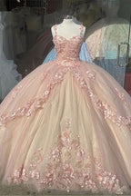 Pink/Purple/Green Sweet Lace Applique Long Tulle Quinceanera Dress Ball Gowns Prom Dresses