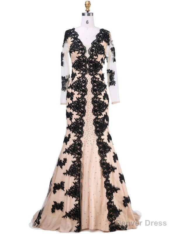 Mother of the bride dresses New with Douple V Long Sleeve Appliques Stone Black Lace Main image