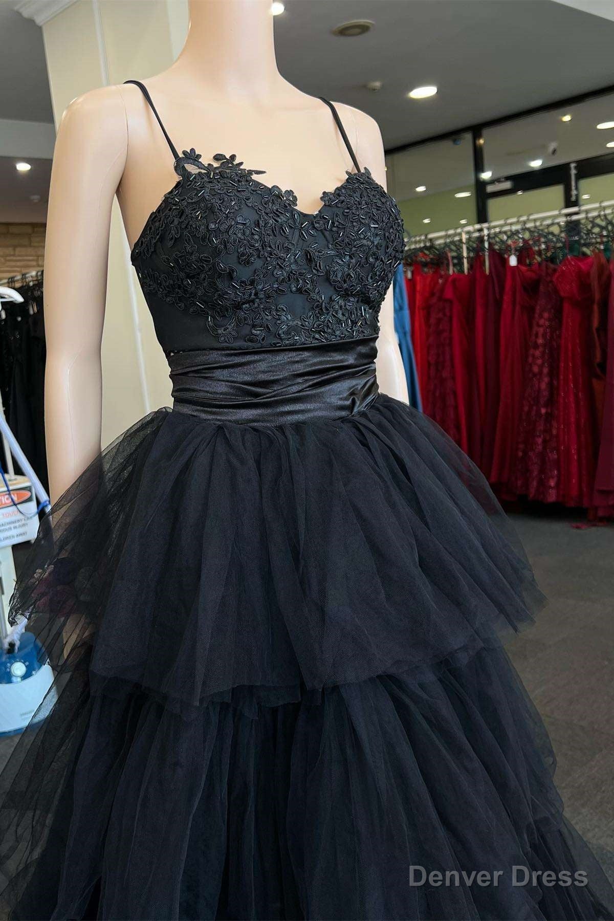 Multi Tiered Black Straps A Line Long Prom Dresses Secondary image