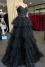 Multi Tiered Black Straps A Line Long Prom Dresses