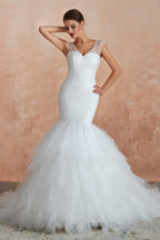 Multi Tiered Lace Up Mermaid Wedding Dresses with Chapel Train