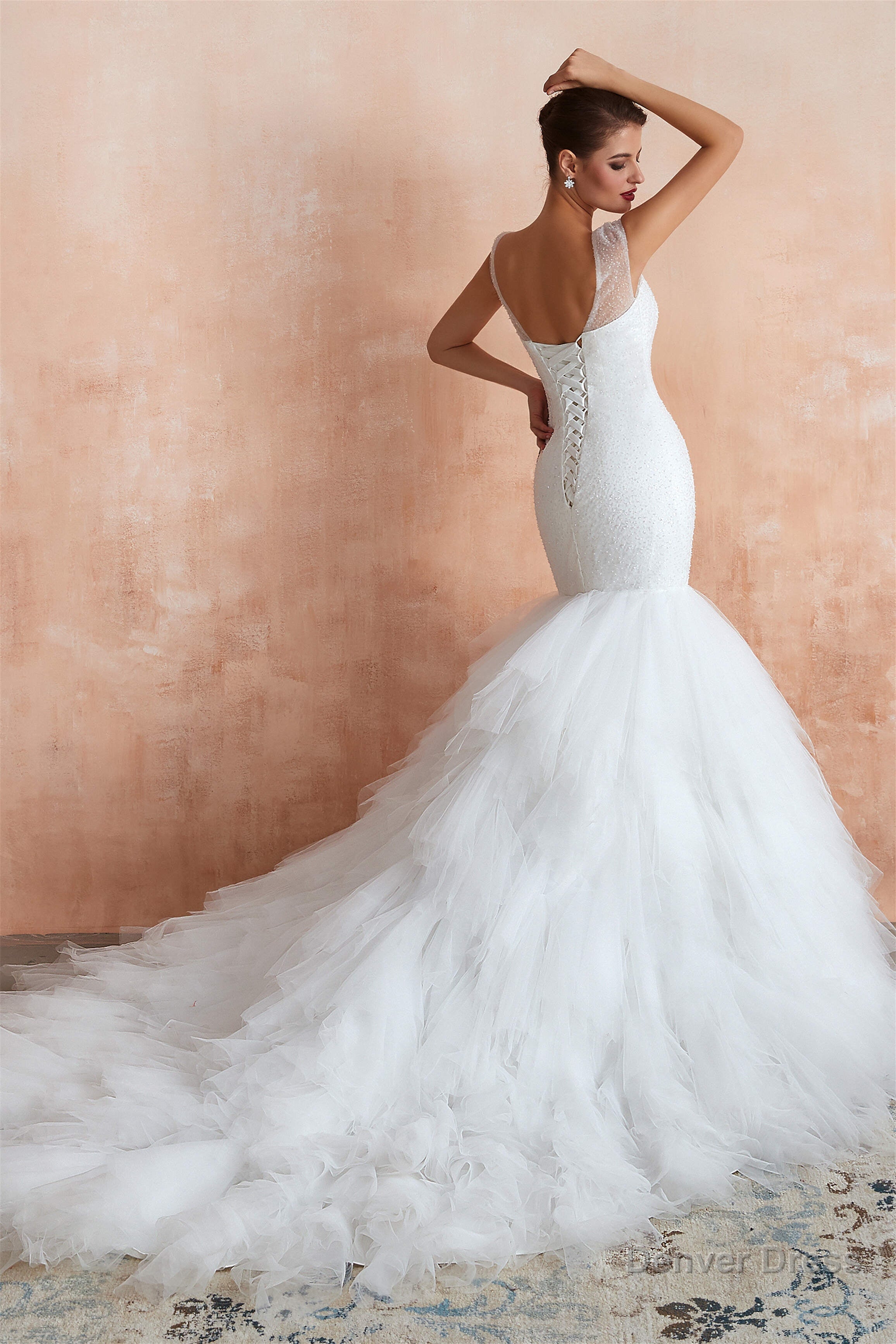Multi Tiered Lace Up Mermaid Wedding Dresses with Chapel Train