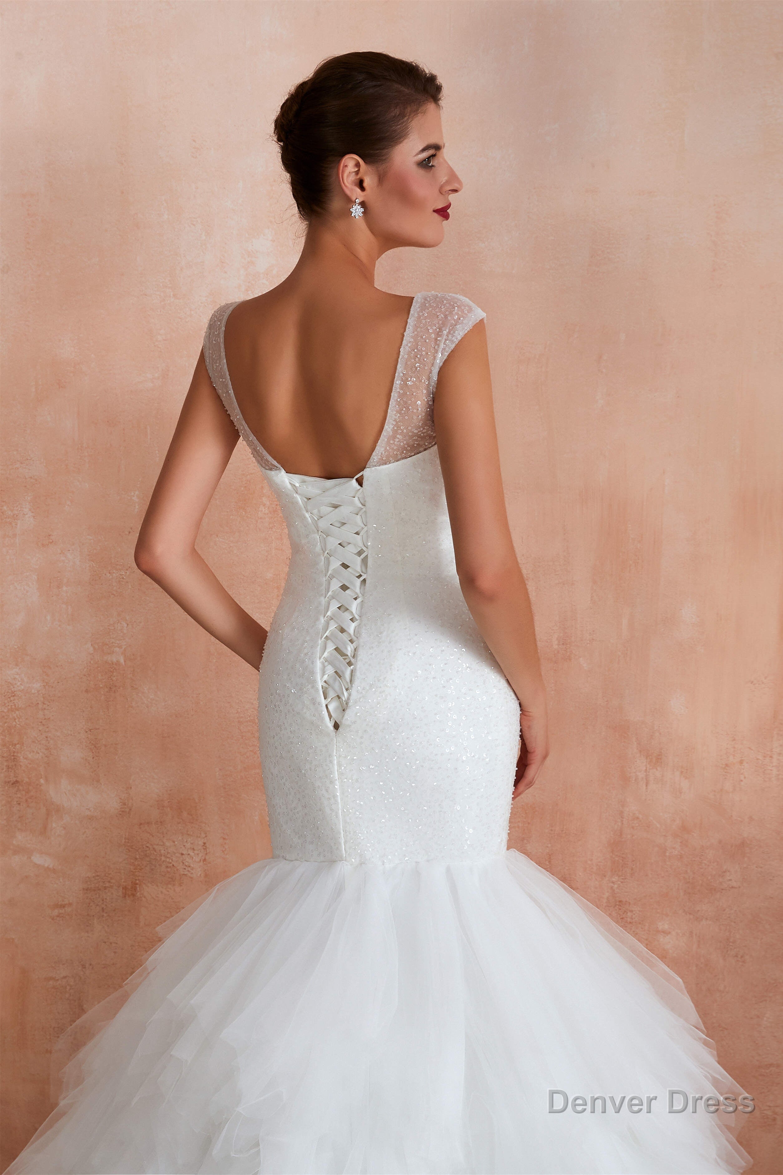 Multi Tiered Lace Up Mermaid Wedding Dresses with Chapel Train