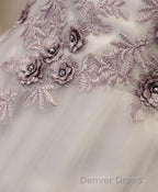 Gray A Line Off Shoulder Floor Length Prom Dresses, Lace Evening Dresses