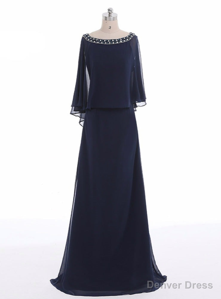 Navy A-line Beading Chiffon Long Blue Mother Of The Bride Dresses