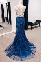 Navy Appliques Lace-Up Back Mermaid Long Prom Dresses With Slit