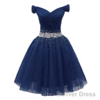 Navy Beaded Sweetheart Off Shoulder Tulle Homecoming Dress, New Style Short Prom Dresses