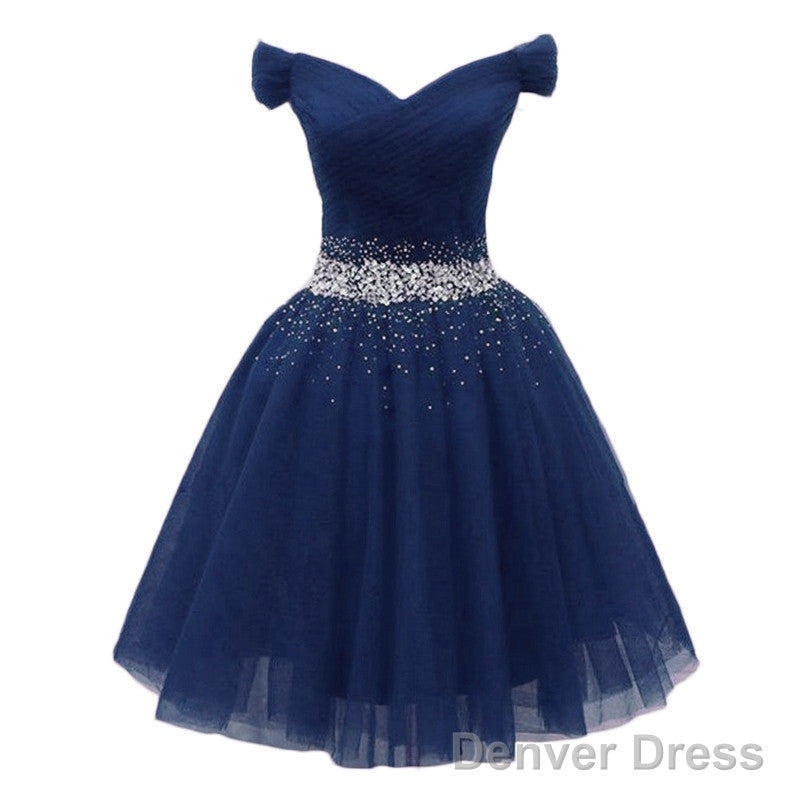 Navy Beaded Sweetheart Off Shoulder Tulle Homecoming Dress, New Style Short Prom Dresses