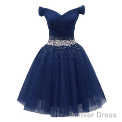 Navy Beaded Sweetheart Off Shoulder Tulle Homecoming Dress