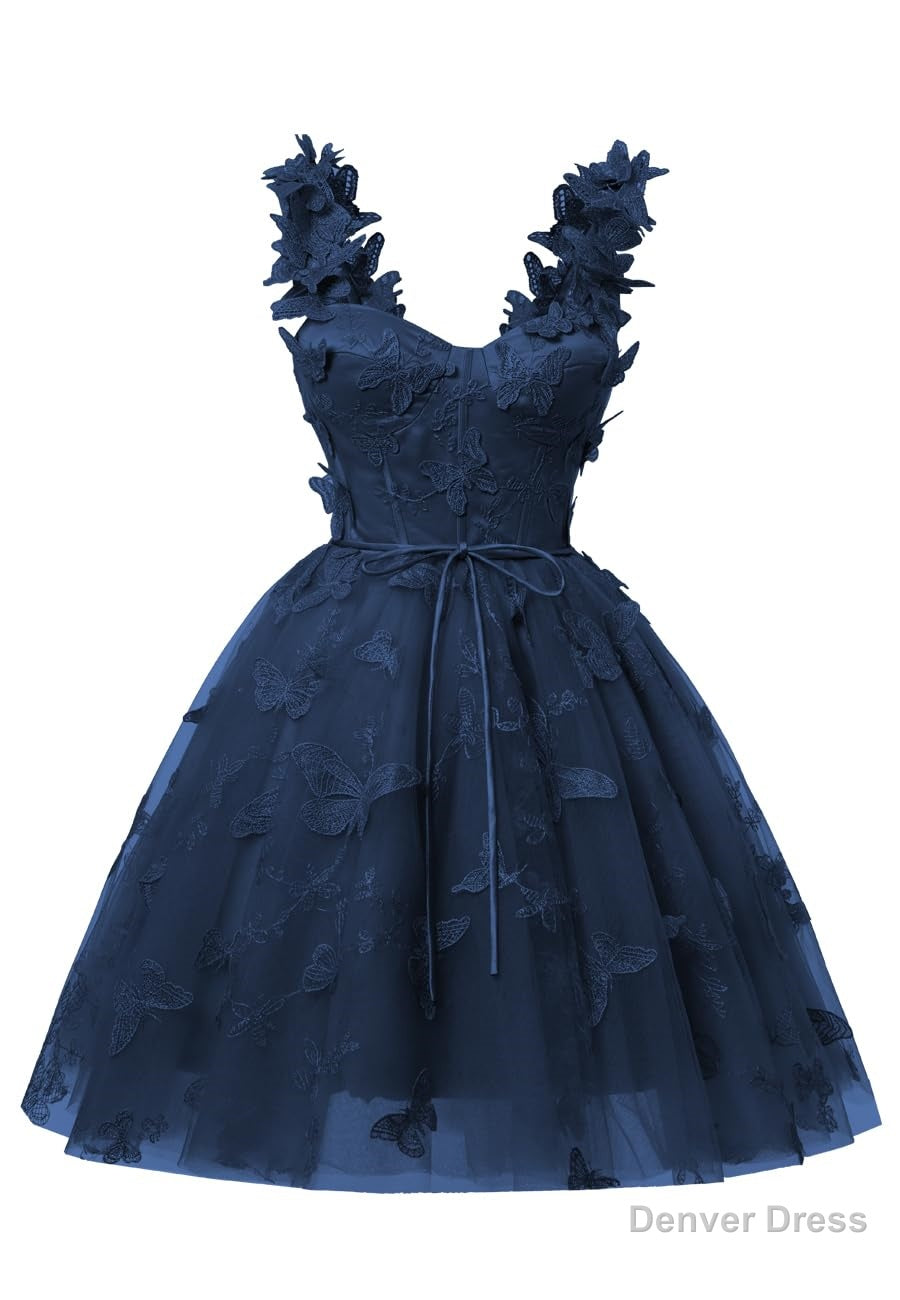 Navy Blue 3D Butterfly Lace Applique Tulle Homecoming Dress for Teens Sweetheart Mini Short Prom Dresses Secondary image