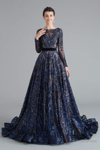 A Line Luxury Sequins Long Sleeve Backless Prom Dresses