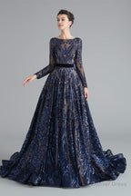 A Line Luxury Sequins Long Sleeve Backless Prom Dresses