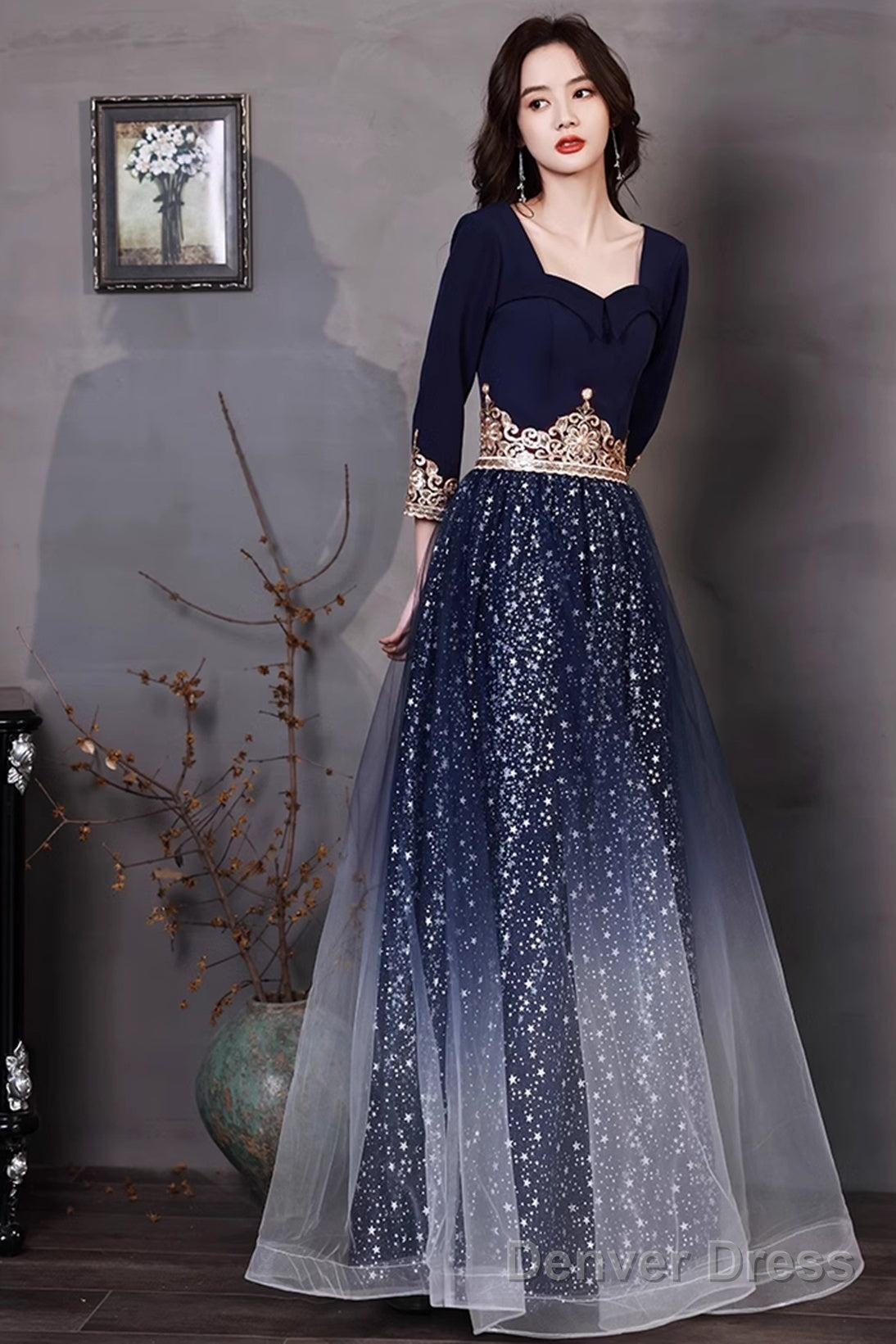 Navy Blue A Line Short Sleeves Floor Length Prom Dress, Navy Blue Bridesmaid Dresses Secondary image
