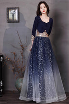 Navy Blue A Line Short Sleeves Floor Length Prom Dress, Navy Blue Bridesmaid Dresses