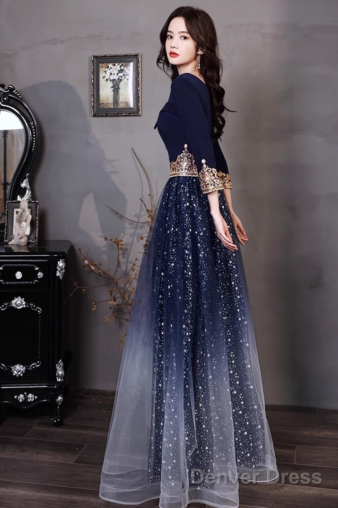Navy Blue A Line Short Sleeves Floor Length Prom Dress, Navy Blue Bridesmaid Dresses