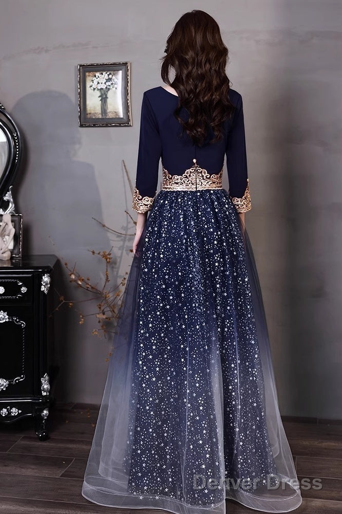 Navy Blue A Line Short Sleeves Floor Length Prom Dress, Navy Blue Bridesmaid Dresses
