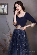 Navy Blue A Line Short Sleeves Floor Length Prom Dress, Navy Blue Bridesmaid Dresses