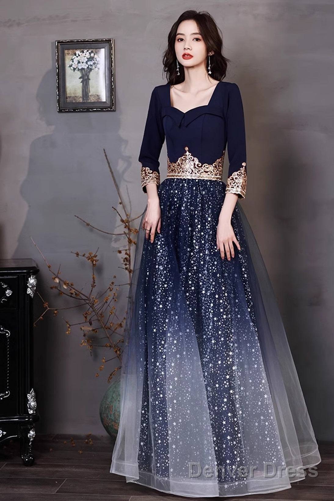 Navy Blue A Line Short Sleeves Floor Length Prom Dress, Navy Blue Bridesmaid Dresses