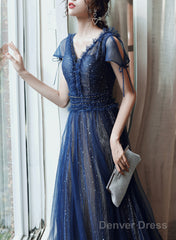 Navy Blue A-Line Short Sleeves V-Neckline Party Dress, Navy Blue Prom Dress
