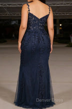 Navy Blue A Line Spaghetti Straps Prom Dresses with Appliques