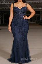 Navy Blue A Line Spaghetti Straps Prom Dresses with Appliques